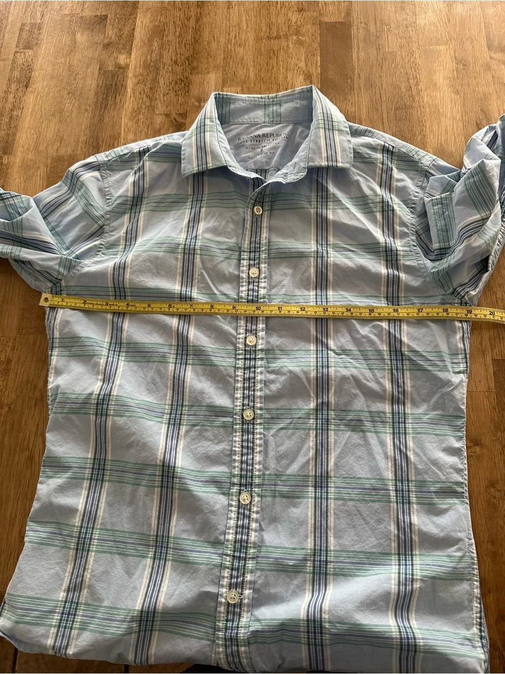 Banana Republic Men’s Light Blue and Green Plaid Button-Down Shirt- small stain